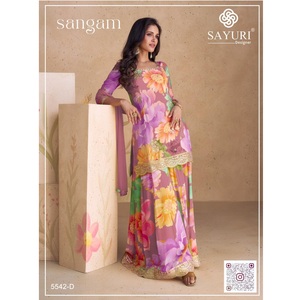 Haute qualité lourd Chinon soie indien pakistanais Collection numérique imprimé et brodé 3mm tapis séquence Sharara costume ensemble - Product Image 1