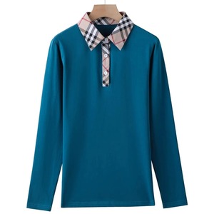 Camiseta de verano transpirable de manga larga de moda de gama alta para mujer para cuello a cuadros Casual hecho a medida tamaño 100% Jersey de algodón - Product Image 5