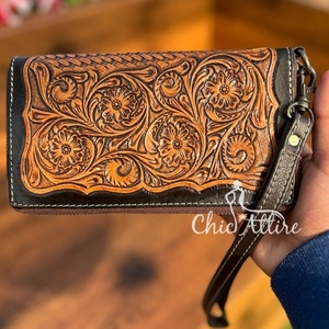 100% Genuine <b>Leather</b> Hand Tooled Wallet & Wristlet Western Wallet Premium Quality Credit Card <b>Phone</b> Wallet Cowhide Women Clutch - Product Image 1