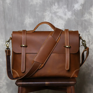 Classic Leather Laptop Messenger Handbag Korean Protective Durable Office Use Zipper Closure Lightweight Brown - Product Image 1