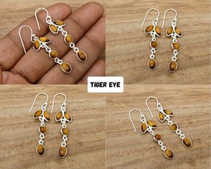925 Sterling <b>Silver</b> Gold Plated Real Gemstone Wedding <b>Long</b> Dangle Lightweight Drop <b>Earrings</b> Gift for Women - Product Image 2