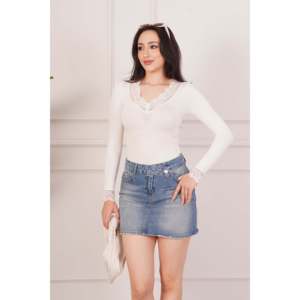 LUSTRIN Women's Elegant Cream Long Sleeve Lace Detail <b>Body</b> Blouse - Wholesale Stretch Viscose Polyester Blend Top for Daily Wear - Product Image 1