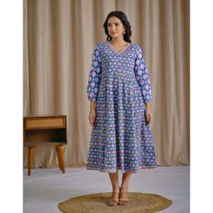 Vestido Anarkali Azul Estampado a Mano en Algodón, Ropa Americana - Product Image 6