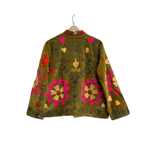Velvet Embroidered Suzani Floral <b>Jacket</b> <b>Mandarin</b> <b>Collar</b> Full Sleeve Prairie Chic Autumn Women's Outerwear Handcrafted - Product Image 4