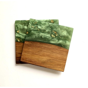 Modern Designer Square <b>Drink</b> <b>Coasters</b> Wholesale Handmade Green Epoxy Resin And Wood <b>Coaster</b> Set With Gold Flakes For Home Decor - Product Image 1