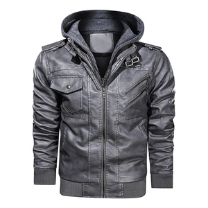 Chaqueta de moto con cremallera de piel de cordero azul marino con capucha extraíble negra para hombre - Product Image 6