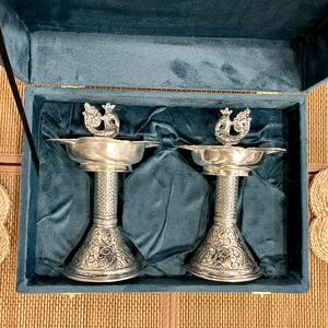 DIYA et lampe en argent plaqué, sculptés à la main, (PAIRE), petit modèle - Product Image 2