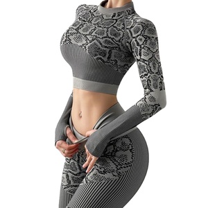 Entrenamiento Verano Estampado de serpiente Gimnasio Sin costuras Manga larga Traje de yoga Desgaste Crop Top Sweat Suit - Product Image 1