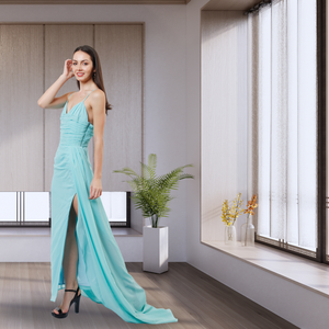 Tôn tạo ánh sáng màu xanh Maxi Dress với Spaghetti quai cao khe và chảy trở lại cho buổi tối và các sự kiện chính thức partywear Dress - Product Image 2