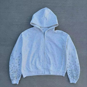 Fabrication en usine de sweats à capuche personnalisés pour hommes en coton 100% 380GSM, pierres brillantes brodées, polaire vintage lavée, unisexe - Product Image 3