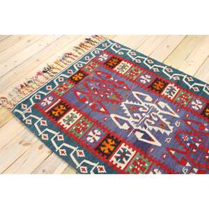 Alfombra Turca Decorativa de 3.8x5.5 pies, Alfombra Vintage, Alfombra Persa de Lana Azul y Roja - Product Image 4