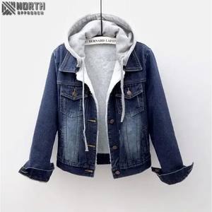 Women's Hooded Denim <b>Jacket</b> Cropped Long Sleeve Slims You Smooths Your Silhouette Student Top - M, Dark Blue <b>Velvet</b> - Product Image 1