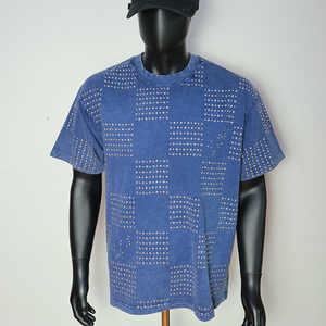 T-shirts personnalisés OEM avec strass pour hommes, manches courtes, style vintage hip-hop, t-shirt en tissu crocheté avec broderie de strass - Product Image 1