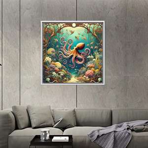 Toile imprimée élégante avec motif de pieuvre : impression sur toile d'animaux marins, encadrée de blanc - Product Image 1