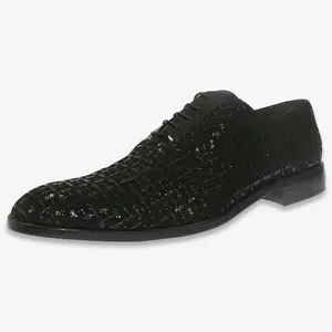 Men's Plus Size Wedding Oxford Shoe In Smooth Black Printed Suede Calf Leather Handmade In Italy Stitched Real Leather Sole