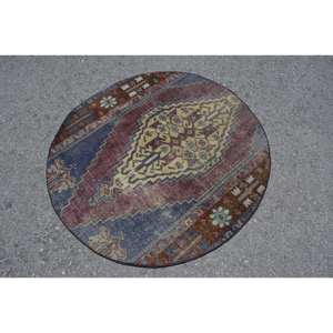 Vintage 4x4ft Turkish <b>Wool</b> Rug <b>Red</b> Blue Patchwork Design Classic Handmade Large Area Rectangle Area Rug Hallway Room Room Rug - Product Image 2