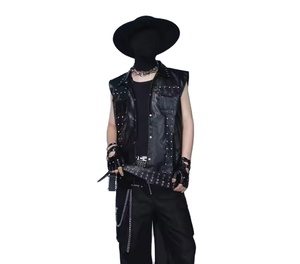 Men's Black <b>Leather</b> Vest Fashion Rivet Lapel Motorcycle Vest Men's Slim Motorcycle <b>Sleeveless</b> <b>Jacket</b> - Product Image 2
