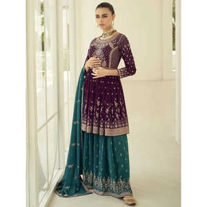 ชุดแต่งงานผ้าจอร์เจตต์สุดหรู สีไวน์ ปักลาย ชุดปาลาซโซ - Product Image 3