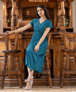 100% <b>Rayon</b> Summer <b>Dress</b> Eco-Friendly Floral Screen Printed with Handcrafted Ethnic Motifs Breathable Daily Wear Casual <b>Dress</b> - Product Image 3
