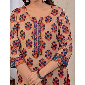 Beige Butta <b>Block</b> <b>Printed</b> Cotton Kurta Pant Set with Mulmul Dupatta Indian Style Ethnic Wear for Daily Party Occasions - Product Image 2