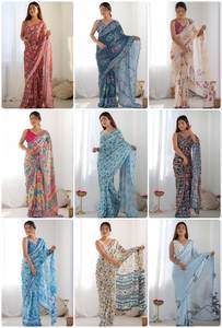 Trending Bollywood Style Digital Print Georgette Silk Saree con Mirror Work Border & Unstitch Blusa para fiestas - Product Image 4