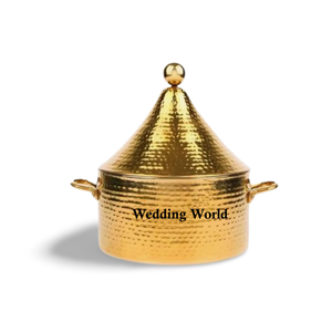 Olla de madera con acabado de nogal con tapa dorada, cazuela de diseñador de forma redonda, calentador de alimentos de Metal elegante de calidad superior - Product Image 6