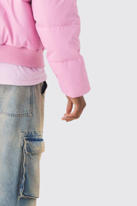 New Style Custom Logo Boxy Matte PU <b>Funnel</b> Neck Puffer Jacket In Pink Windproof Warm Winter Outdoor Quilted Down Men's Jackets - Product Image 5