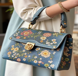 Delicate cream <b>handbag</b> with 3D pink rose motifs and beaded gold handles. Available at wholesale prices. - Product Image 2