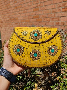 ZAMZAM IMPEX <b>Yellow</b> Stone Metal Inlay Evening Clutch Bag Handcrafted Designer <b>Purse</b> for Women Daily Use Parties Special - Product Image 6