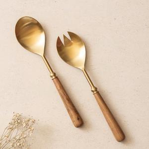 Luxury Gold Stainless Steel <b>Salad</b> Server Set, Elegant Metal Serving <b>Spoon</b> and Fork with Wooden Handle for Hotels & Events - Product Image 1