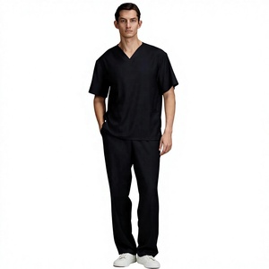 <b>Women's</b> <b>Black</b> V-Neck Doctor Scrub Set Cotton Polyester Woven Fabric Hospital Uniform <b>Pants</b> Needle Detection Seamless Fusing - Product Image 1
