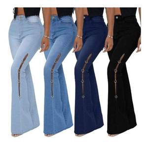 Women Flared Trousers High Waist <b>Stretch</b> Slim Ripped Jeans Cargo Pants Street Wear Hot Sell Side Chain Patchwork <b>Denim</b> Jeans - Product Image 1