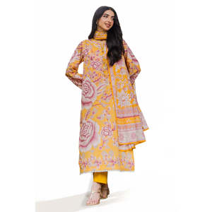 Traje de 3 Piezas sin Coser para Mujer, Color Amarillo, Estampado Digital, Material de Muselina - Product Image 3