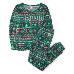 Pijamas Térmicos de Mujer con Estampado Fairisle, Cuello en V, Color Verde Sólido, Talla Grande, Ropa de Dormir para Verano e Invierno - Product Image 3