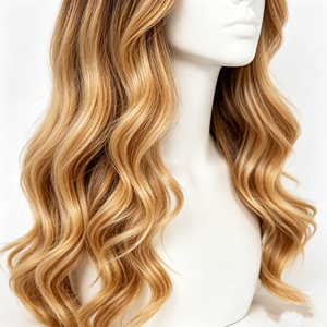 Dark Root Honey Blonde <b>Highlight</b> 22 Inch Long Loose Body Wave Human Hair Lace Front Wig With Air Bangs For Women Daily Wear - Product Image 6
