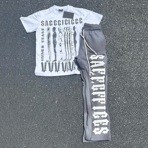 Ensemble de t-shirts personnalisés 100% coton, col montant, tee-shirt surdimensionné, imprimé en relief, coupe ample, tee-shirt court, pantalon de jogging, ensemble deux pièces pour hommes - Product Image 4