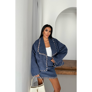 Ensemble veste courte en laine bleue et jupe courte pour femme, style Shepherd's Stitch - Product Image 6