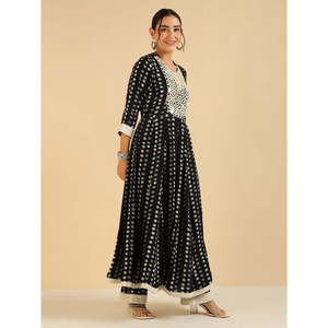 Chiffon Black Polka Print <b>Embroidered</b> Eco-Friendly Loose Elegant <b>Tunic</b> Palazzo Fusion Women's Co-Ord Set Three Quarter Sleeves - Product Image 5
