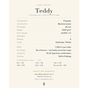 พรมโพลีเอสเตอร์ขายส่ง TEDDY TD001 สีขาว ผลิตด้วยเครื่องจักร พรมตุรกี สำหรับห้องนั่งเล่น โครงการโรงแรม - Product Image 4