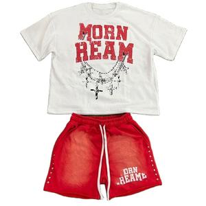 Conjunto de Camiseta y Pantalones Cortos para Hombre, Estampado en Serigrafía, Estilo Vintage, Lavado Ácido, Alta Calidad, Venta al Por Mayor - Product Image 2