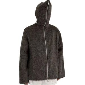 Última moda hombres gris Mohair tela cruda dobladillo cremallera Sudadera con capucha hombres mullido Mohair liso sudaderas con capucha para la venta en bulto hombres sudaderas con capucha - Product Image 1