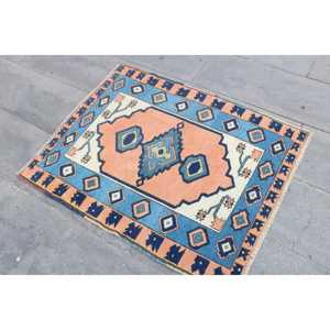 Alfombra Turca Vintage de 2.8x3.4 pies, Alfombra Pequeña, Alfombra de Lana Azul - Product Image 2