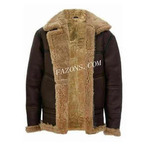 Chaqueta de piel de oveja marrón vintage para hombre con forro de piel de sherpa, cierre de cremallera, estilo aviador B3. - Product Image 3
