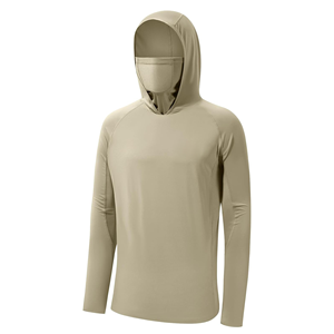 UPF 50 Unisex Men Women Long Sleeve Light Khaki <b>Fishing</b> Shirt with <b>Mask</b> UV Neck Gaiter Hoodie 100% Polyester - Product Image 1