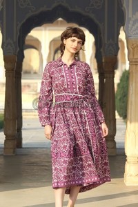 Fashion Women Clothing Elegant Ladies Floral Block Print Casual Dress Long Midi Vintage Puffi <b>Sleeves</b> With Belt Women Dresses - Product Image 2