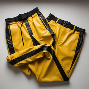 Noir jaune taille élastique pantalon en cuir hommes en plein air Style de rue en cuir PU pantalon pantalon hommes personnalisé en cuir panneau pantalon hommes - Product Image 3