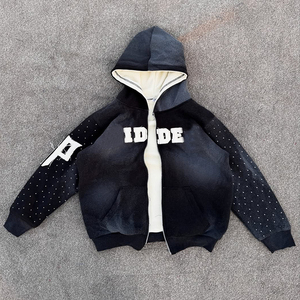 Sweat à capuche zippé en coton personnalisé 450 GSM de qualité supérieure sweat à capuche Streetwear brodé au soleil avec doublure intérieure et manches en strass - Product Image 4