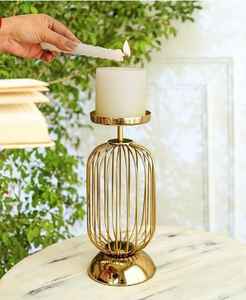 Portavelas de Metal con acabado chapado en oro, soporte de vela de Pilar decorativo para el hogar, mesa de sala de estar, soporte pequeño Vintage moderno - Product Image 3