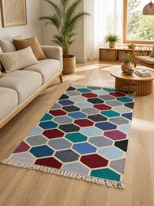 Tapis de couloir Kilim en coton fait main, moderne, multicolore, à blocs hexagonaux, Dhurrie, avec franges, pour chambre et salon - Product Image 3