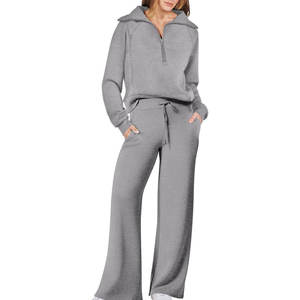 Survêtement de sport d'hiver décontracté pour femmes-Ensemble sweatshirt deux pièces à demi-fermeture éclair, sweatshirt ample et pantalon - Product Image 2